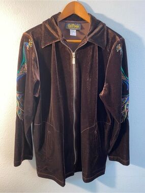 VTG Bob Mackie Wearable Art Peacock Velvet Zip Jacket Brown Size Small